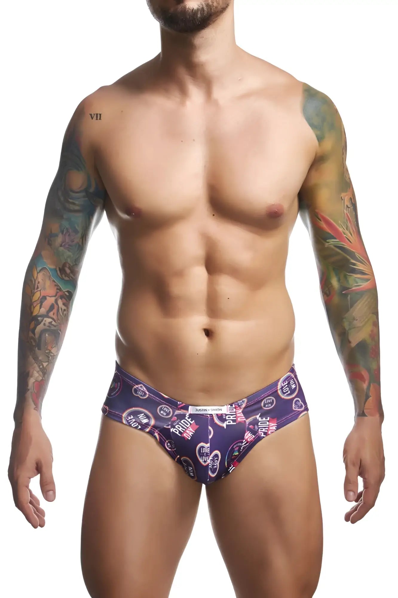 Justin simon xsj22 cheek briefs in purple with vibrant pride hearts pattern in pink white and black