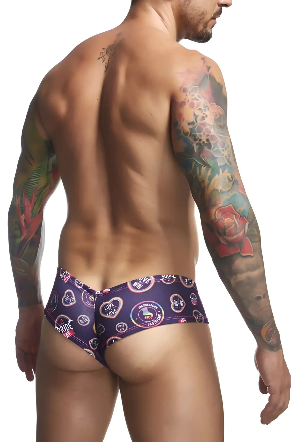 Purple patterned justin+simon xsj22 cheek briefs swim trunks with heart and love designs and bold colorful print