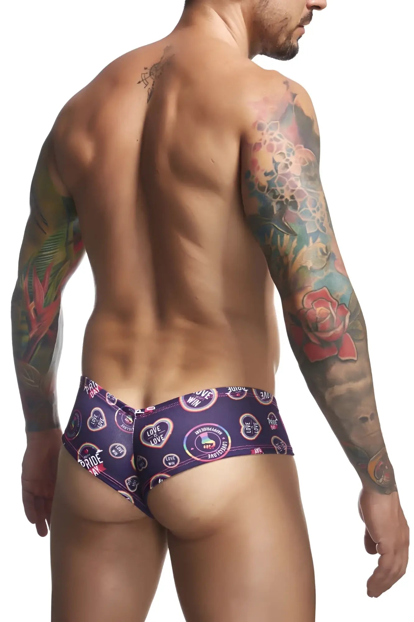 Purple patterned justin+simon xsj22 cheek briefs swim trunks with heart and love designs and bold colorful print
