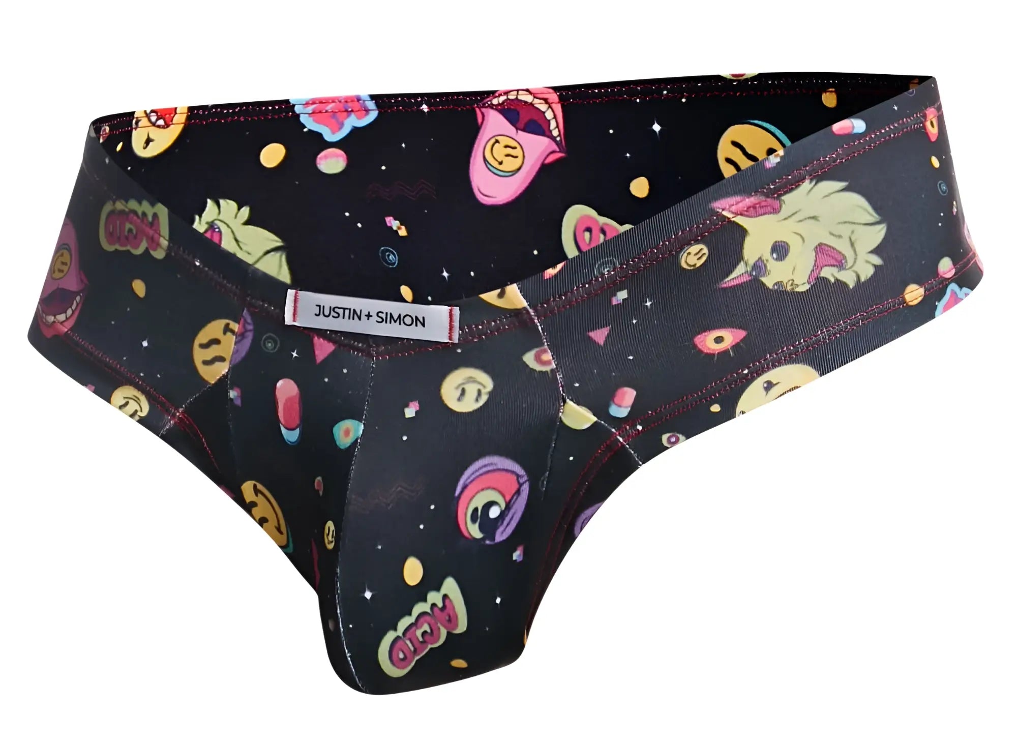 Black justin+simon xsj22 cheek briefs with vibrant cosmic print featuring cartoon faces and planets in psychedelic colors