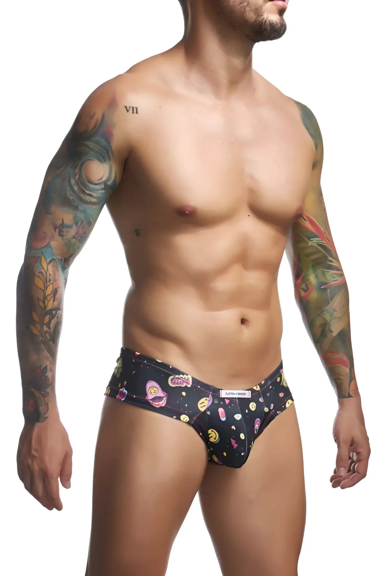 Black men’s briefs justin simon xsj22 cheek briefs in psychedelic color with cartoon faces and space-themed pattern