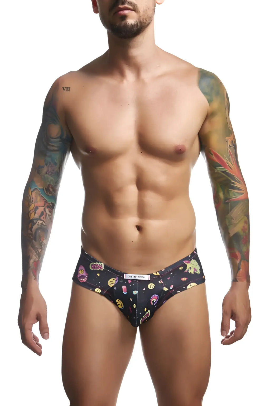 Black briefs Justin+Simon Xsj22 cheek briefs with colorful psychedelic cartoon pattern and whimsical shapes
