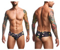 Black briefs by justin simon featuring a colorful cosmic pattern with planets and stars in a psychedelic design