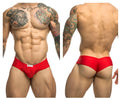 Red justin simon xsj22 cheek briefs featuring a small white waistband label designed for athletic comfort