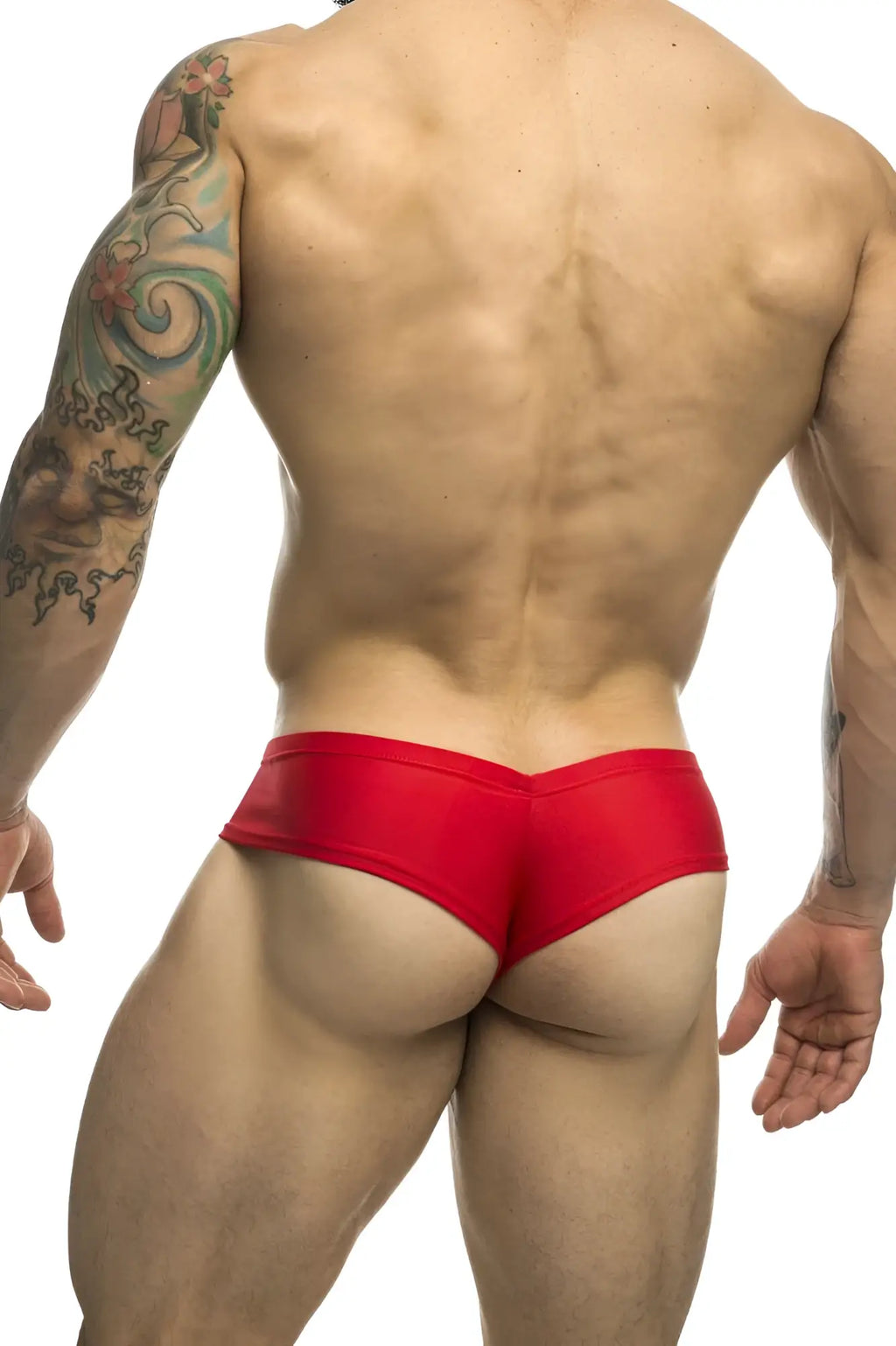Justin simon red cheek briefs in form-fitting smooth glossy fabric for a sleek swimwear look