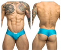 Justin simon xsj22 cheek briefs in bright turquoise with a sleek form-fitting design and white brand tag at the waistband