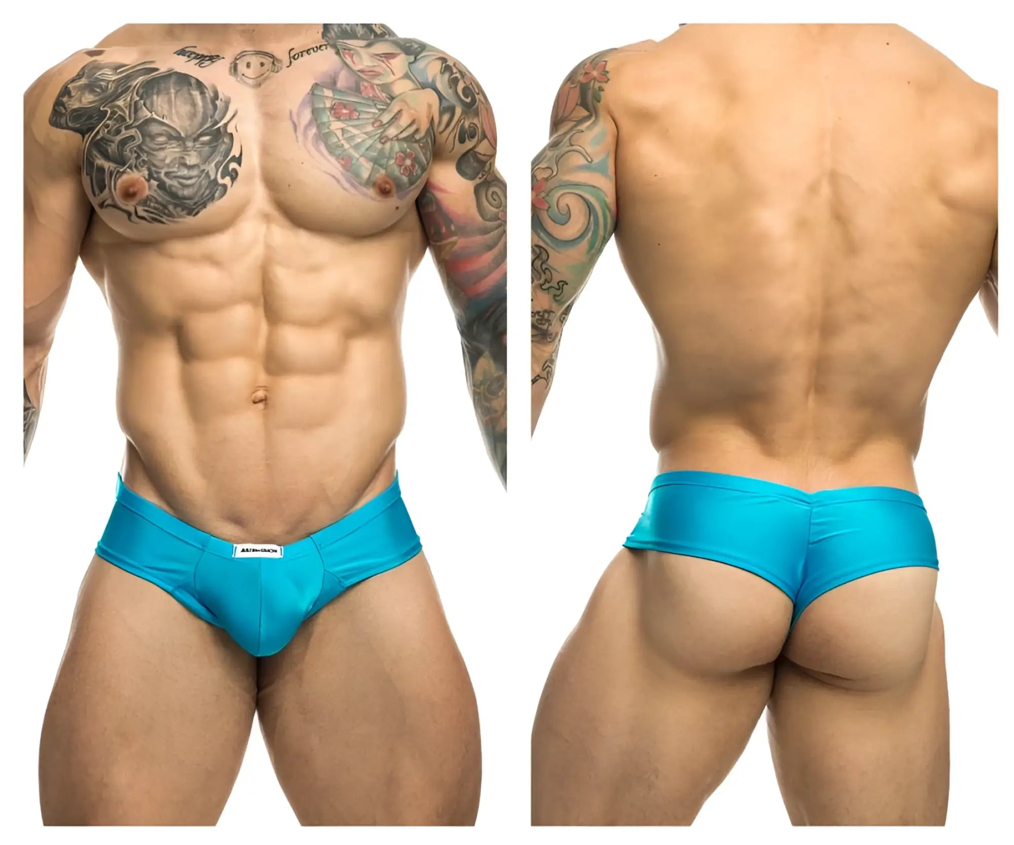 Justin simon xsj22 cheek briefs in bright turquoise with a sleek form-fitting design and white brand tag at the waistband