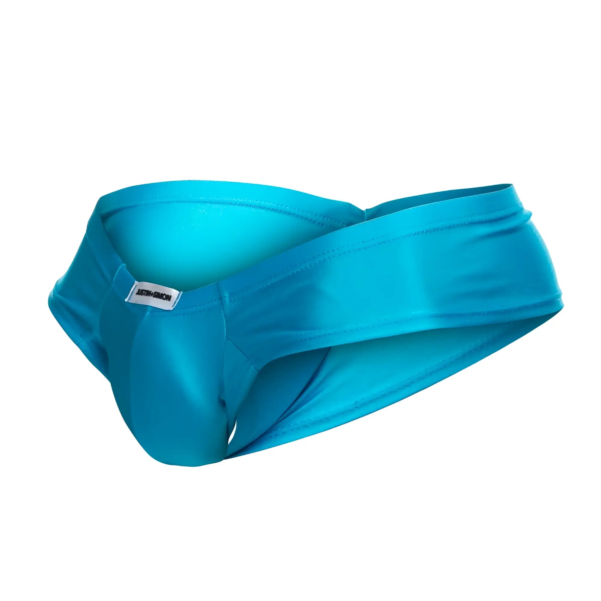 Justin+Simon XSJ22 cheek briefs in bright turquoise satin-like fabric with sleek form-fitting design and white waistband label