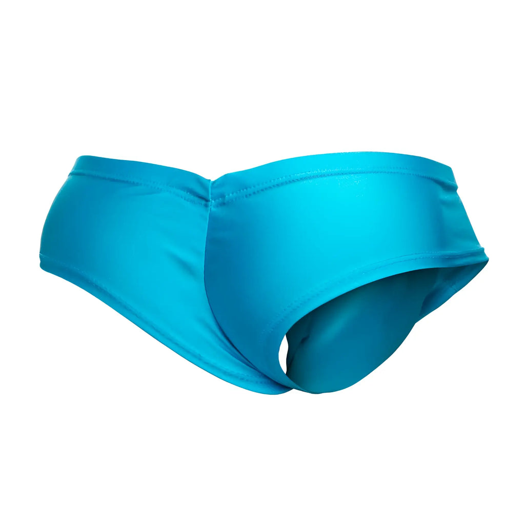 Justin+Simon XSJ22 cheek briefs in bright turquoise swim trunks with smooth glossy fabric finish