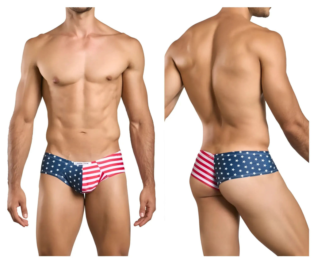 American flag themed mens briefs by Justin Simon XSJ22 cheek briefs with red white and blue stripes and stars