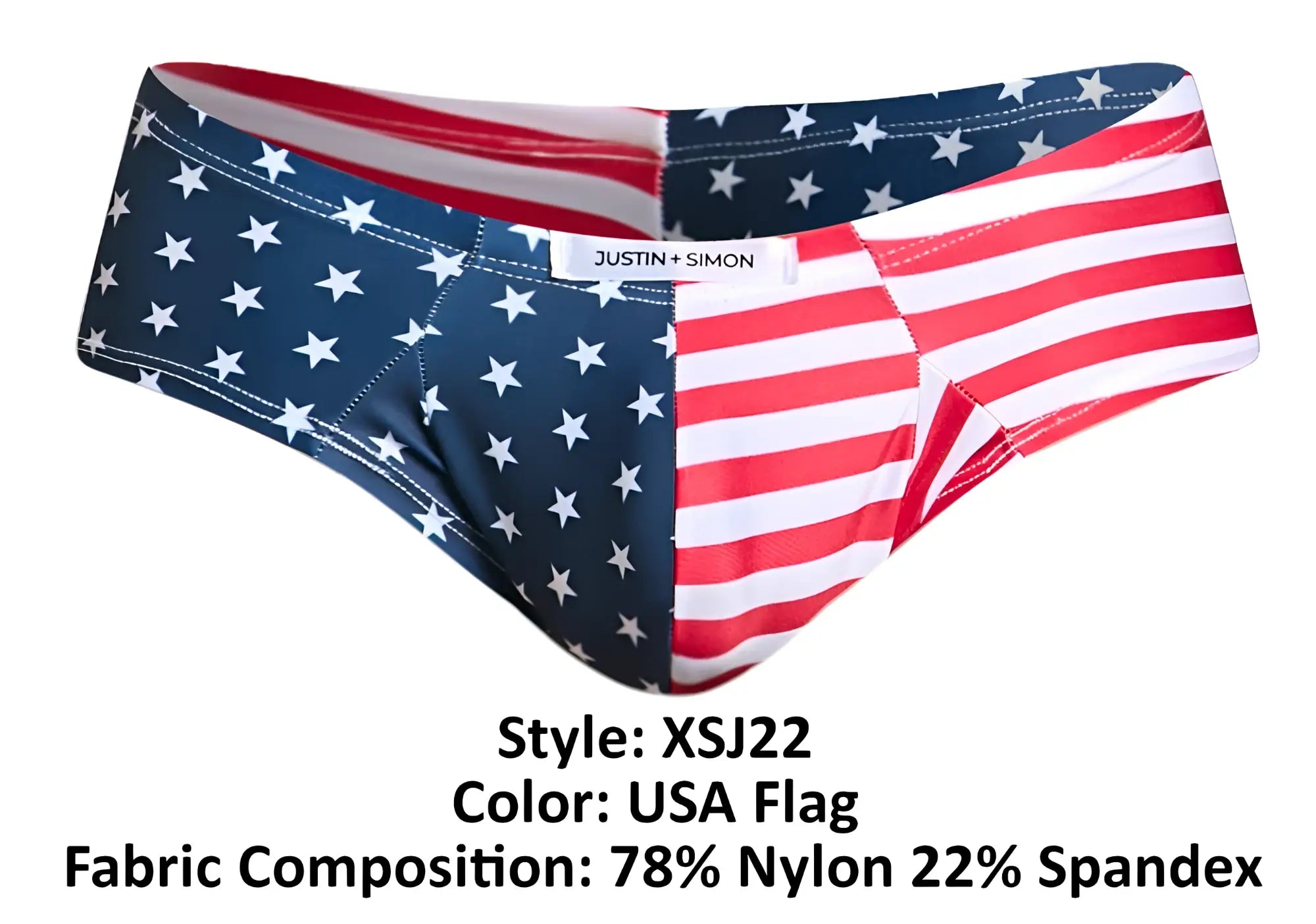 Justin simon usa flag cheek briefs with bold red white and blue stars and stripes design for swimwear use