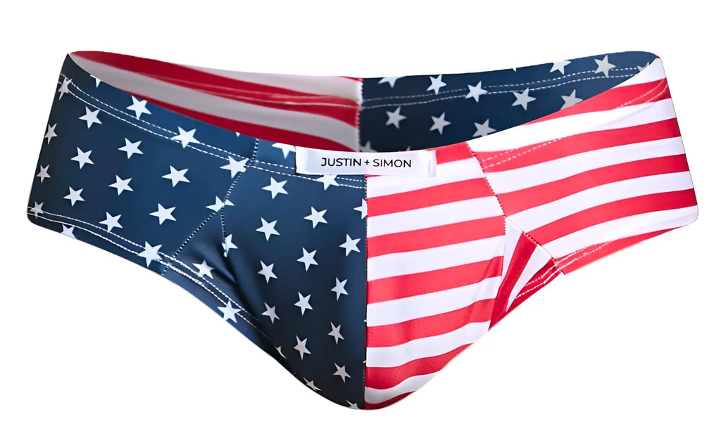Justin simon usa flag cheek briefs with red white and blue stars and stripes for patriotic swimwear