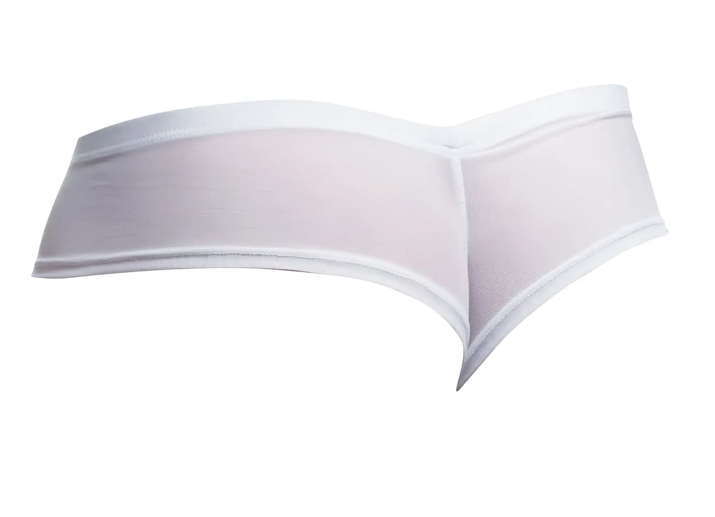 White sheer mesh thong cheek briefs with solid white elastic waistband and trim by justin simon xsj22 model
