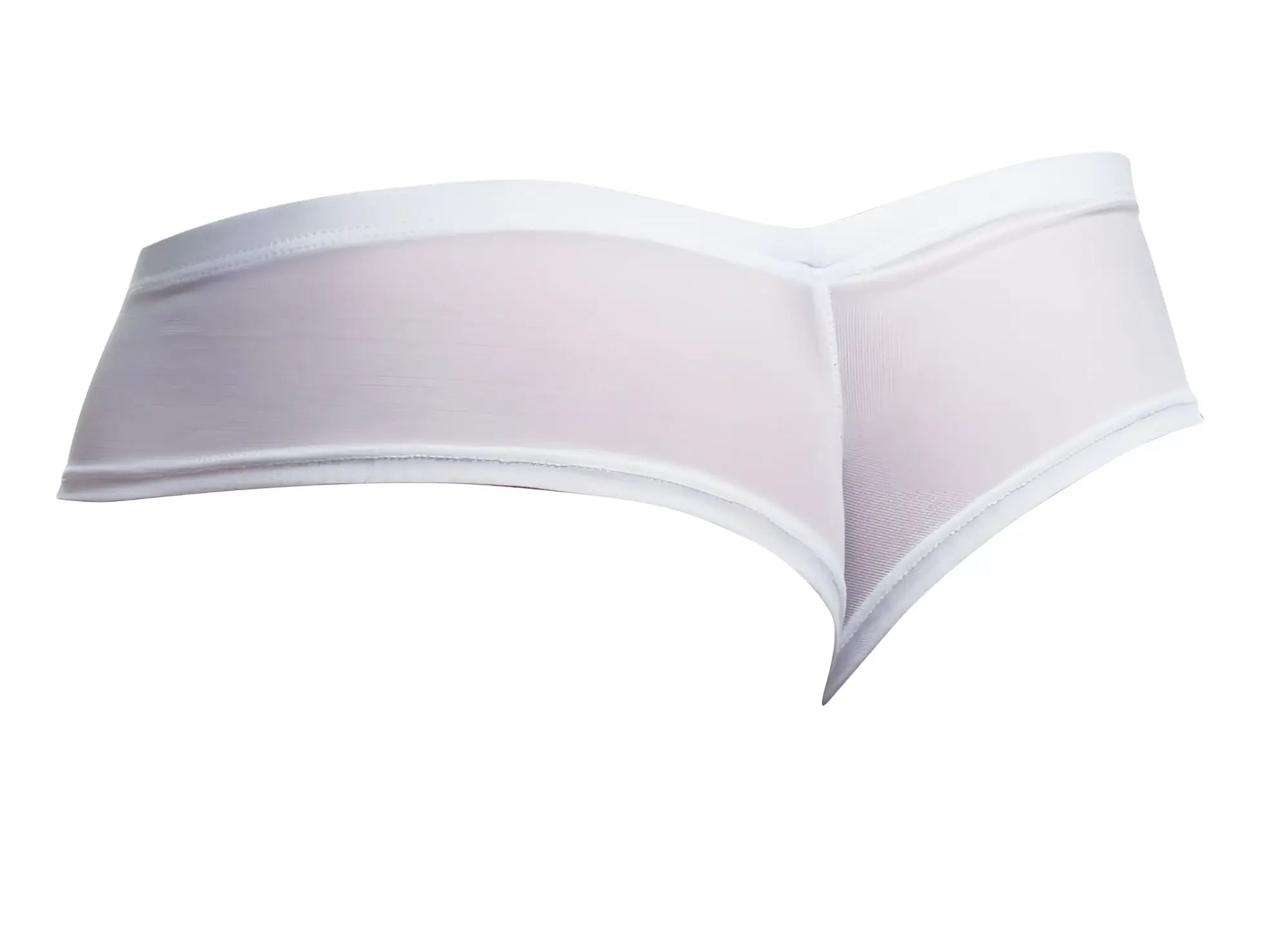 White sheer mesh thong cheek briefs with solid white elastic waistband and trim by justin simon xsj22 model