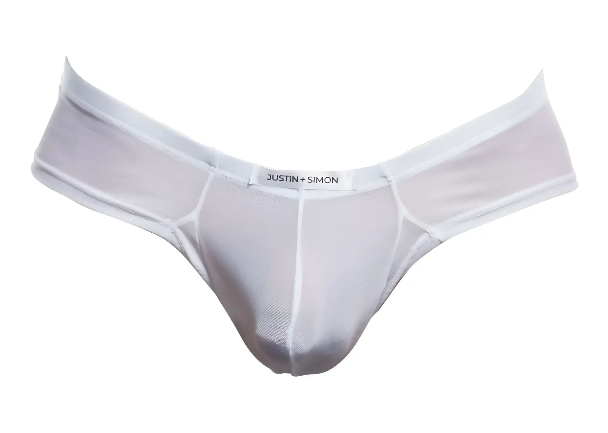 White mesh thong cheek briefs by justin + simon in color white mesh, style XSJ22, showing front view