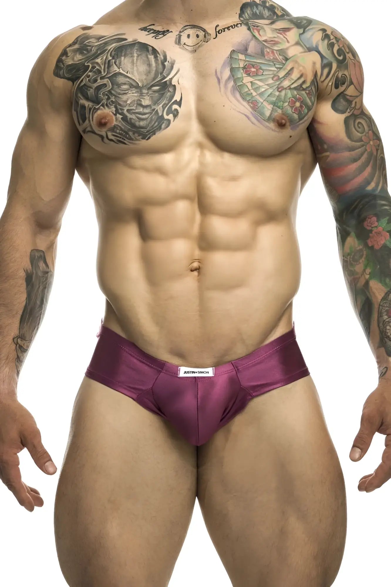 Purple satin cheek briefs with a white brand tag at the waistband from JUSTIN+SIMON XSJ22 in wine color