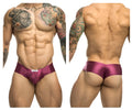 Shiny magenta satin cheek briefs with white waistband brand tag by justin simon in wine color