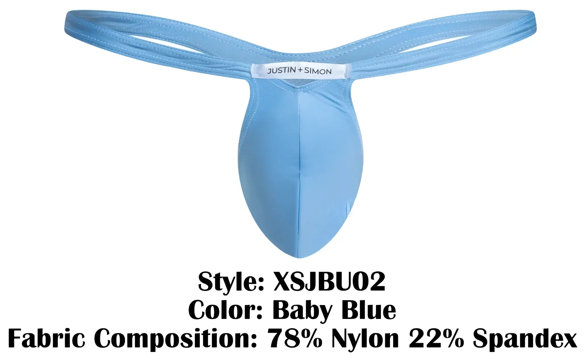 Baby blue justin simon bulge thong made of stretchy nylon and spandex blend shown from the back side