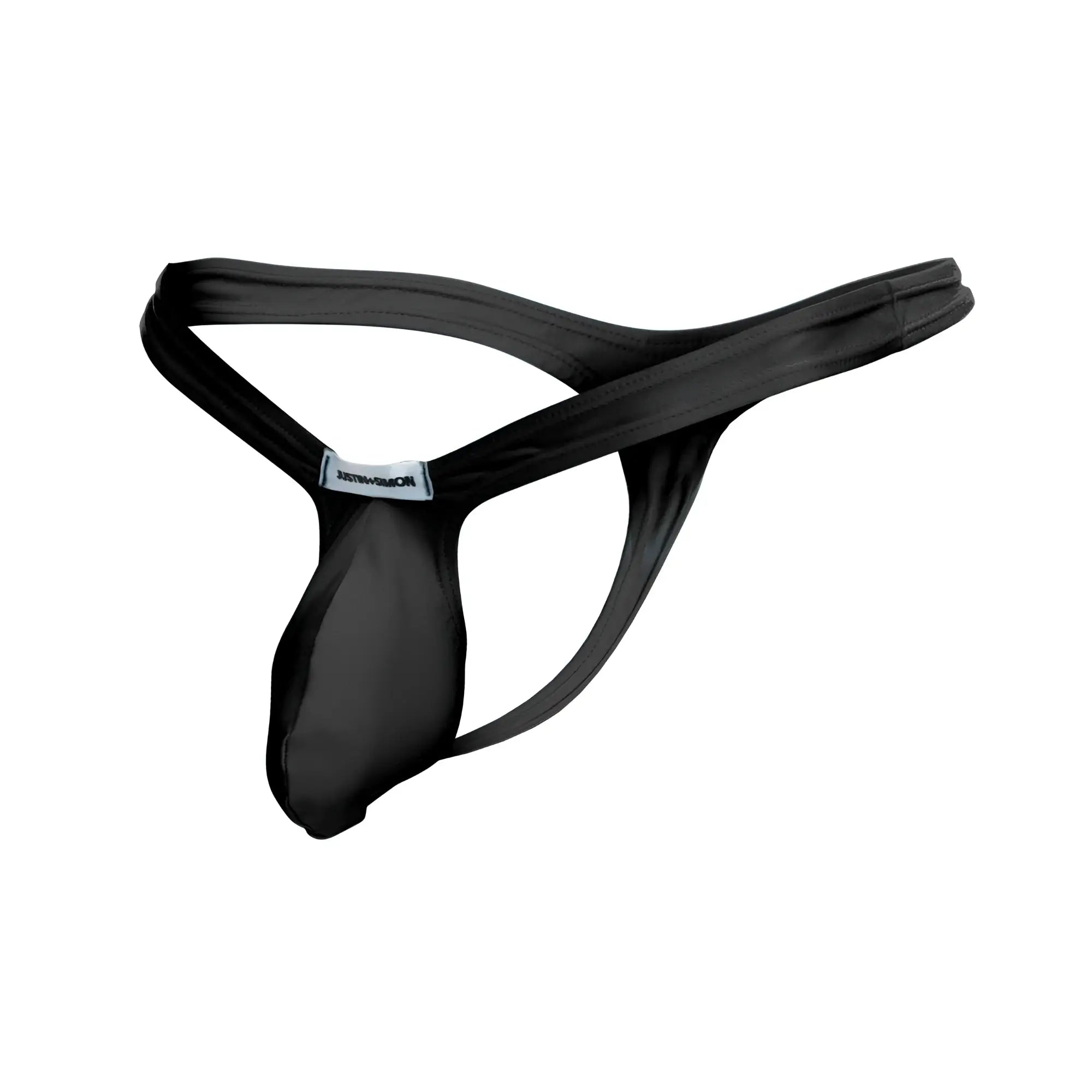Black justin simon xsjbu02 bulge thong made of smooth stretchy fabric with minimalist design shown from back view