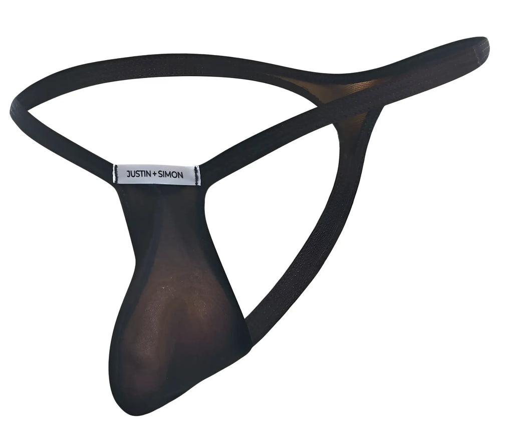Black sheer mesh thong with solid elastic band and justin + simon brand label in black mesh color