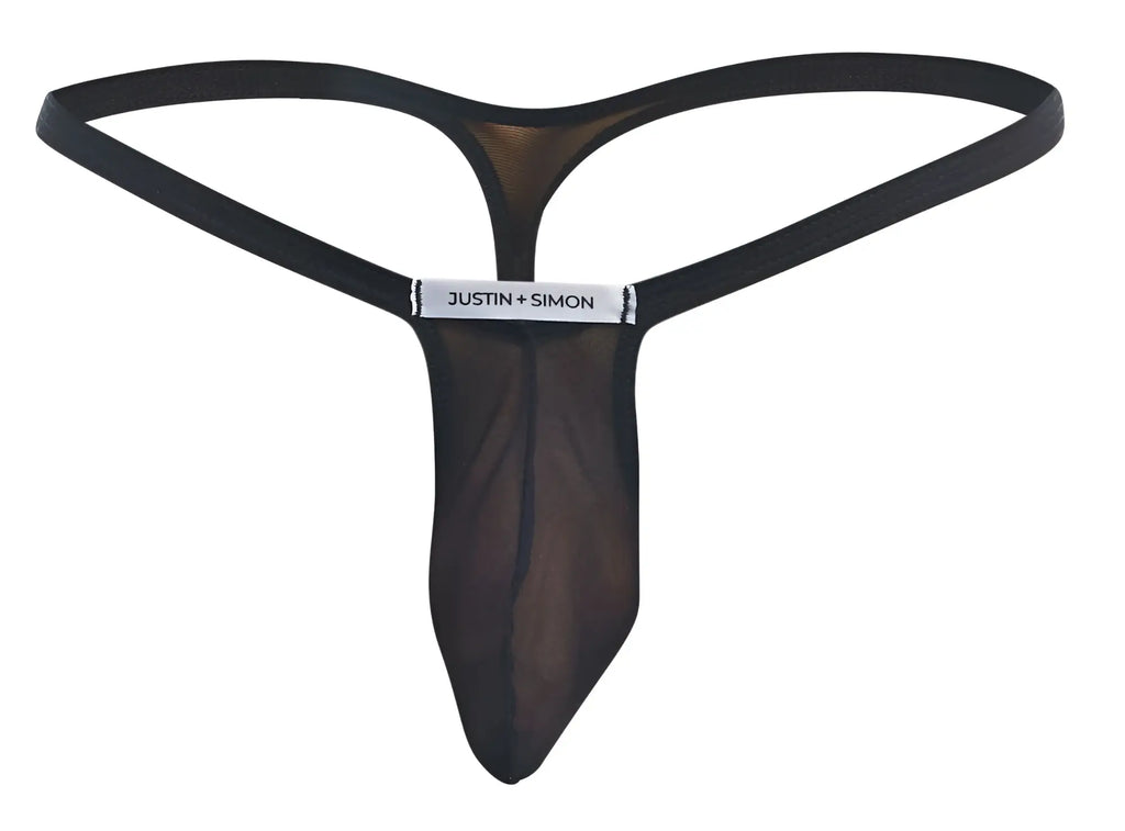 Black sheer mesh thong with solid black waistband and justin simon branding from justin plus simon xsjbu02 bulge thongs