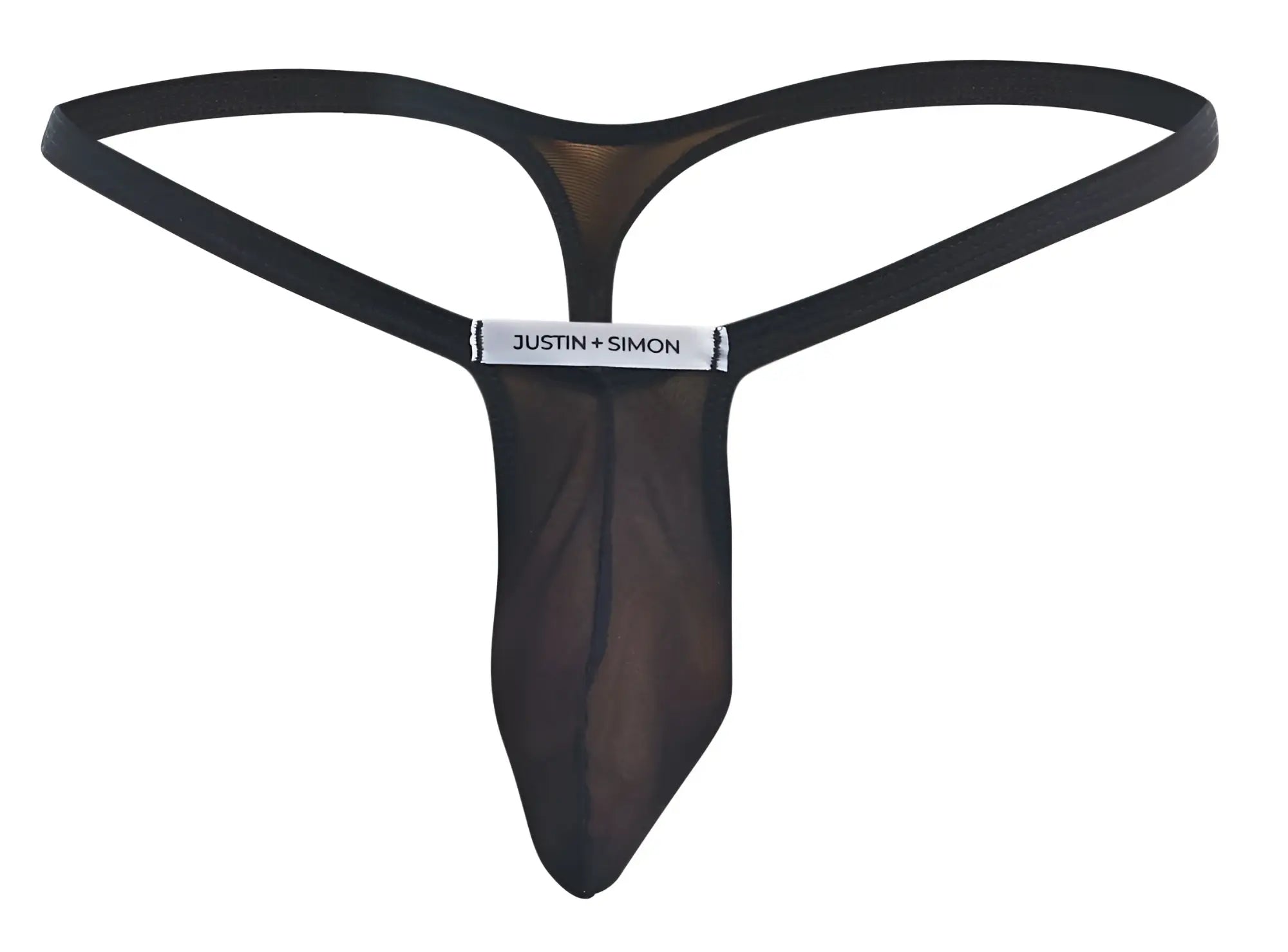 Black sheer mesh thong with solid black waistband and justin simon branding from justin plus simon xsjbu02 bulge thongs