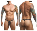 Black mesh bulge thong with solid black waistband and small white label front by JUSTIN+SIMON XSJBU02