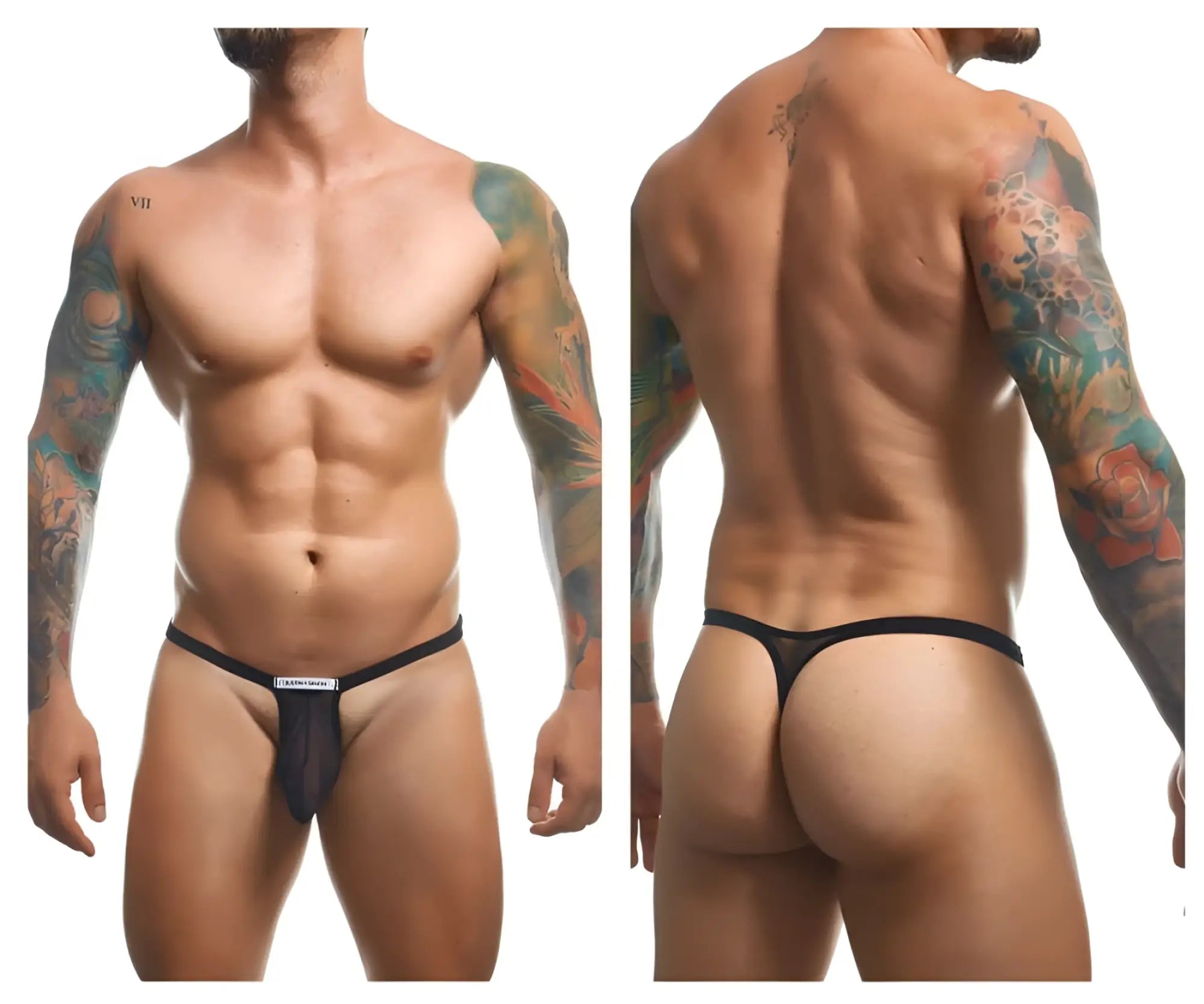 Black mesh bulge thong with solid black waistband and small white label front by JUSTIN+SIMON XSJBU02
