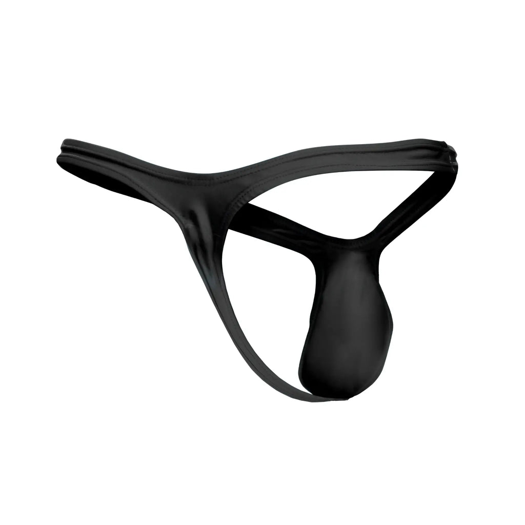 Black satin thong justin simon xsjbu02 with smooth glossy finish and minimalistic design showing front side