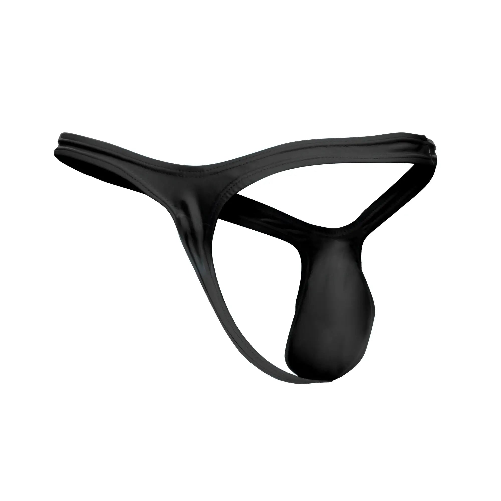 Black satin thong justin simon xsjbu02 with smooth glossy finish and minimalistic design showing front side
