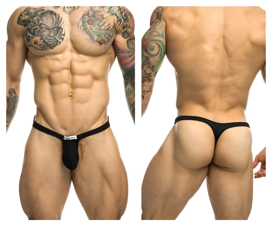 Black Justin+Simon XSJBU02 bulge thong featuring a small silver logo on the front band for comfortable support
