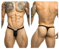 Black Justin+Simon XSJBU02 bulge thong featuring a small silver logo on the front band for comfortable support