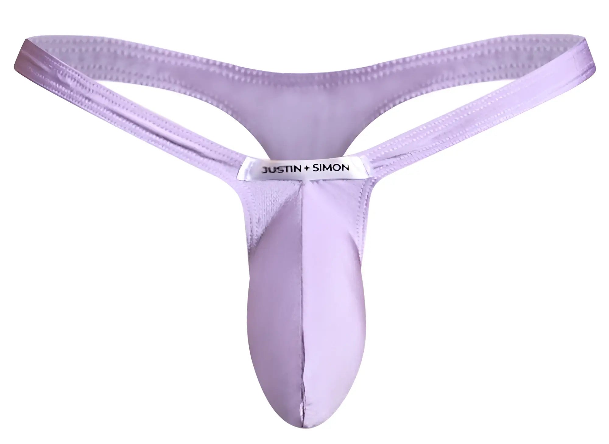 Purple satin lilac bulge thong with a white justin plus simon label at the center in product xsjbu02 style