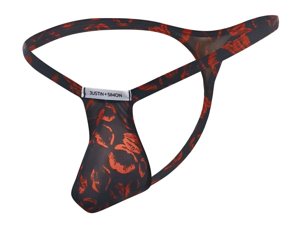 Justin simon xsjbu02 bulge thong in black and orange bold graphic lips pattern with a sleek comfortable fit