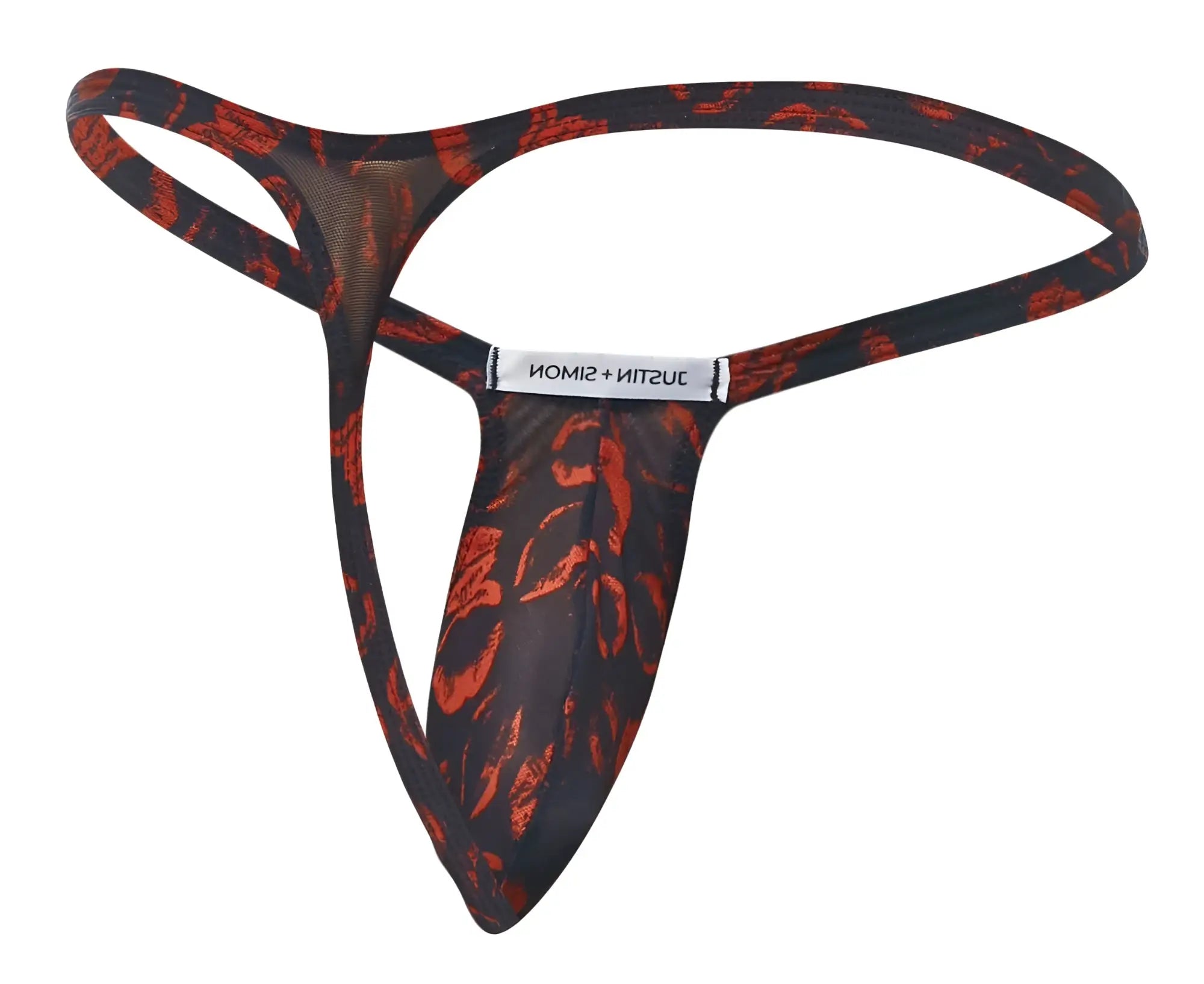 Justin+Simon XSJBU02 bulge thong in black and red patterned mesh with branded label for bold intimate wear