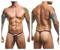 Black and red lips patterned bulge thong with a small white front label from justin simon xsjbu02 collection