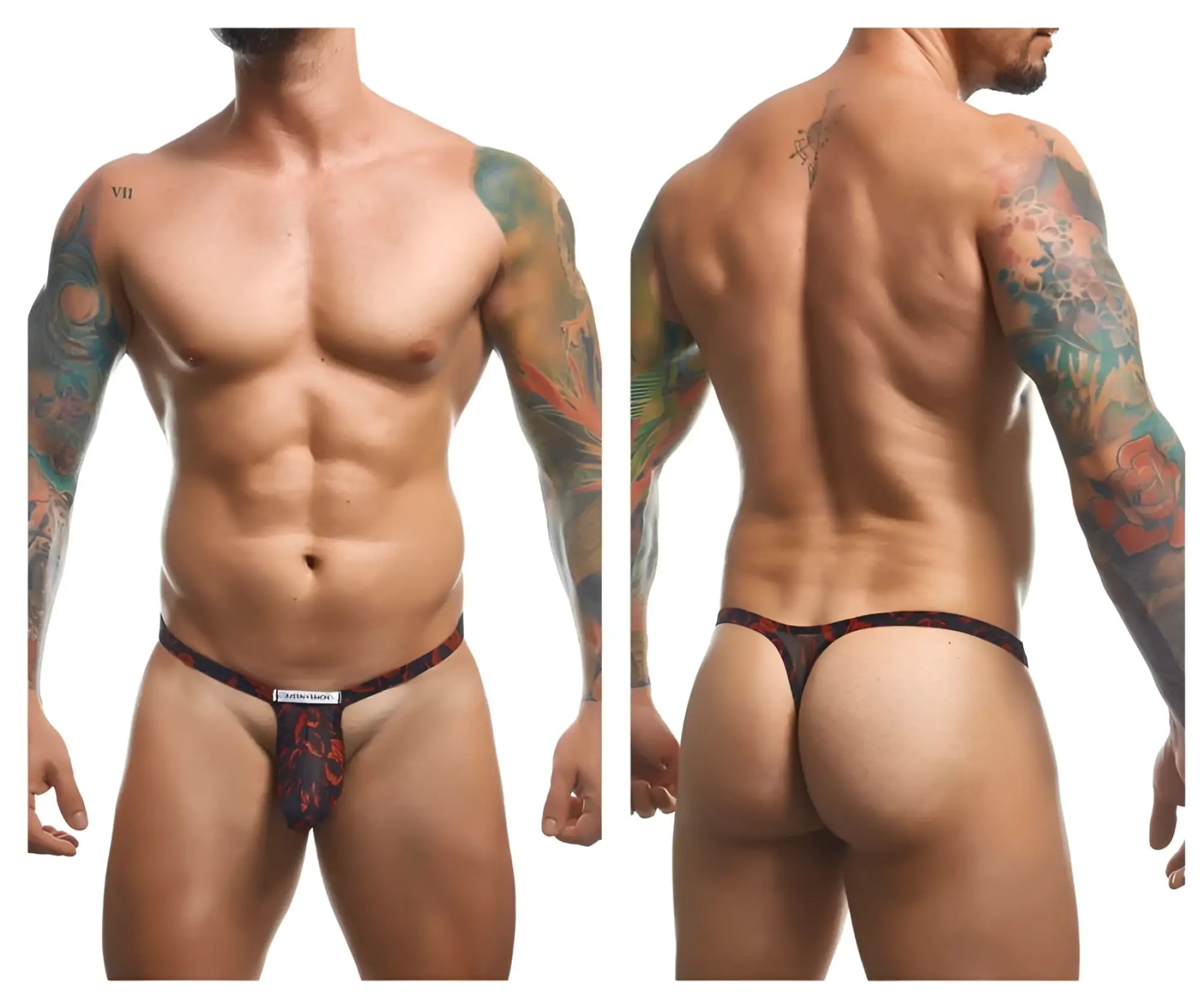 Black and red lips patterned bulge thong with a small white front label from justin simon xsjbu02 collection