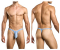 Justin+Simon XSJBU02 bulge thong in light blue textured lurex fabric with subtle pattern and front brand tag
