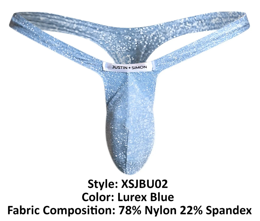 A shimmering lurex blue thong from justin + simon made of stretchy nylon and spandex for a glittering sleek fit