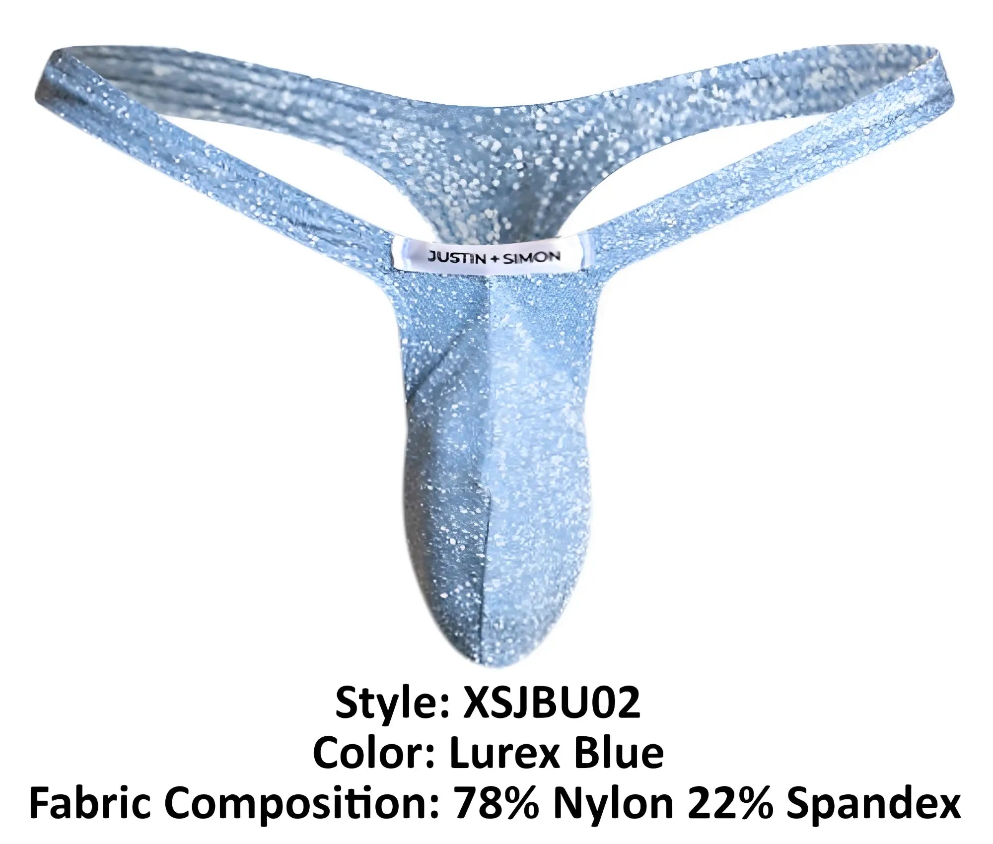 A shimmering lurex blue thong from justin + simon made of stretchy nylon and spandex for a glittering sleek fit