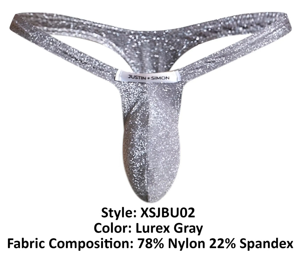 Shiny silver glittery lurex gray thong with justin simon label at waistband from justin+simon xsjbu02 bulge thongs