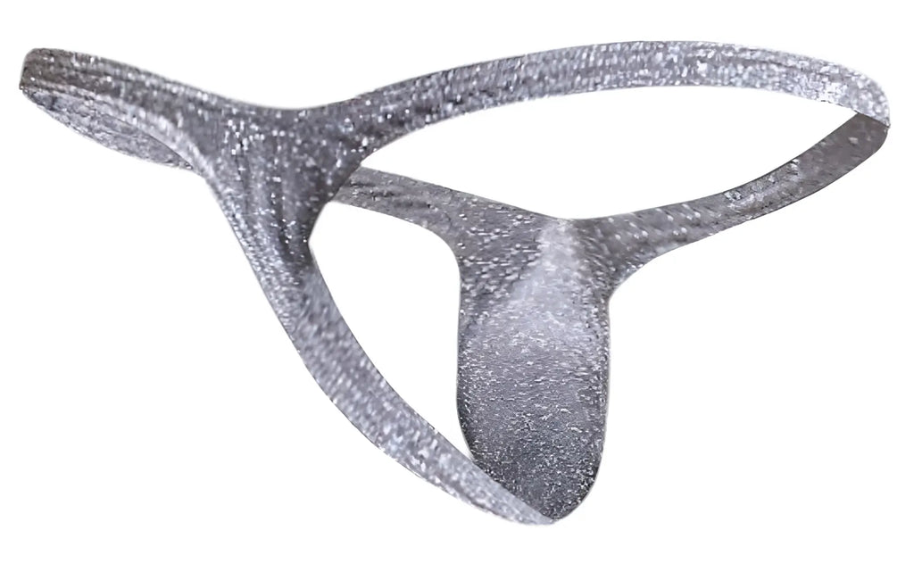 Justin Simon xsjbu02 bulge thong in lurex gray with silver glittery textured sparkly surface visible from the back