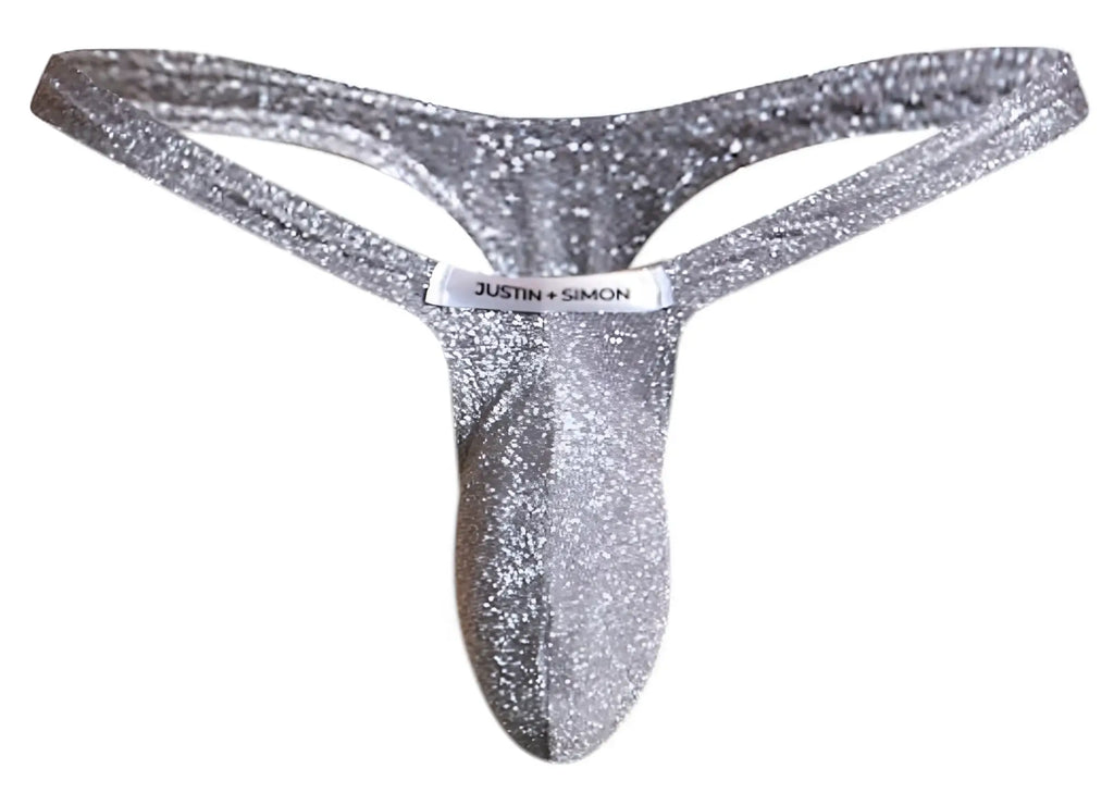 Silver glittery thong in lurex gray by justin plus simon with bulge design and brand label visible
