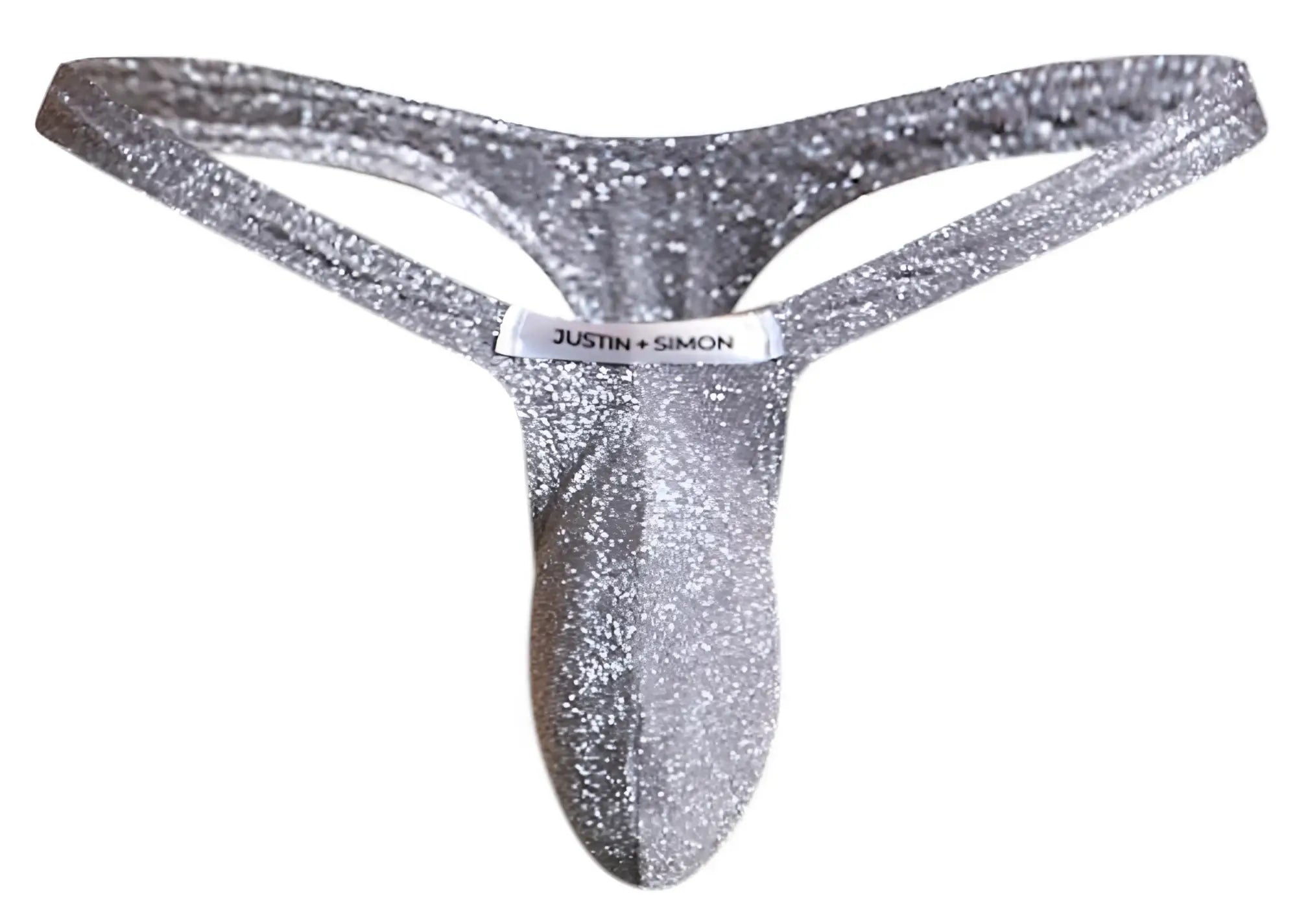 Silver glittery thong in lurex gray by justin plus simon with bulge design and brand label visible