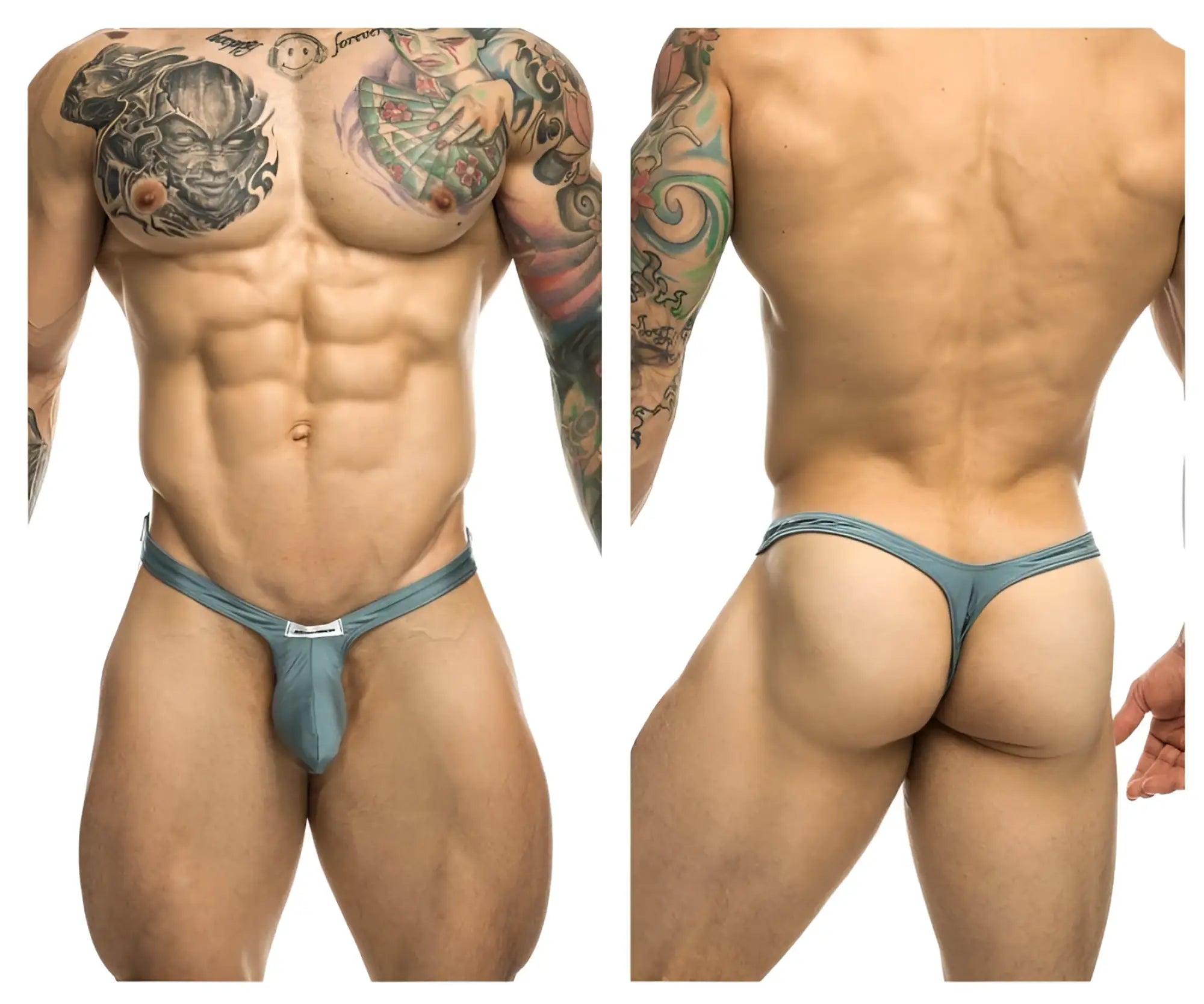 Justin+Simon teal bulge thong with a metallic buckle at the front in color metal green for enhanced support
