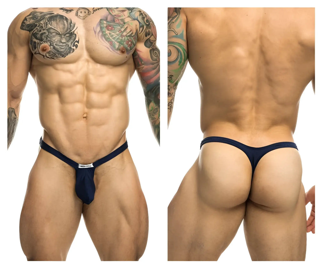 Navy blue justin simon xsjbu02 bulge thong with a small metallic clasp at the front for stylish comfort