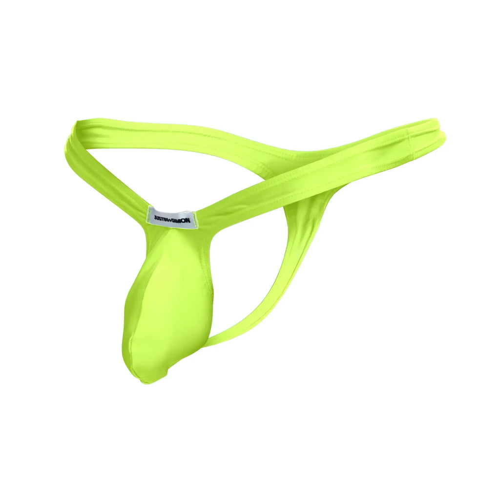 Bright neon green JUSTIN+SIMON XSJBU02 bulge thong made of smooth stretchy fabric with minimalist design and small back tag