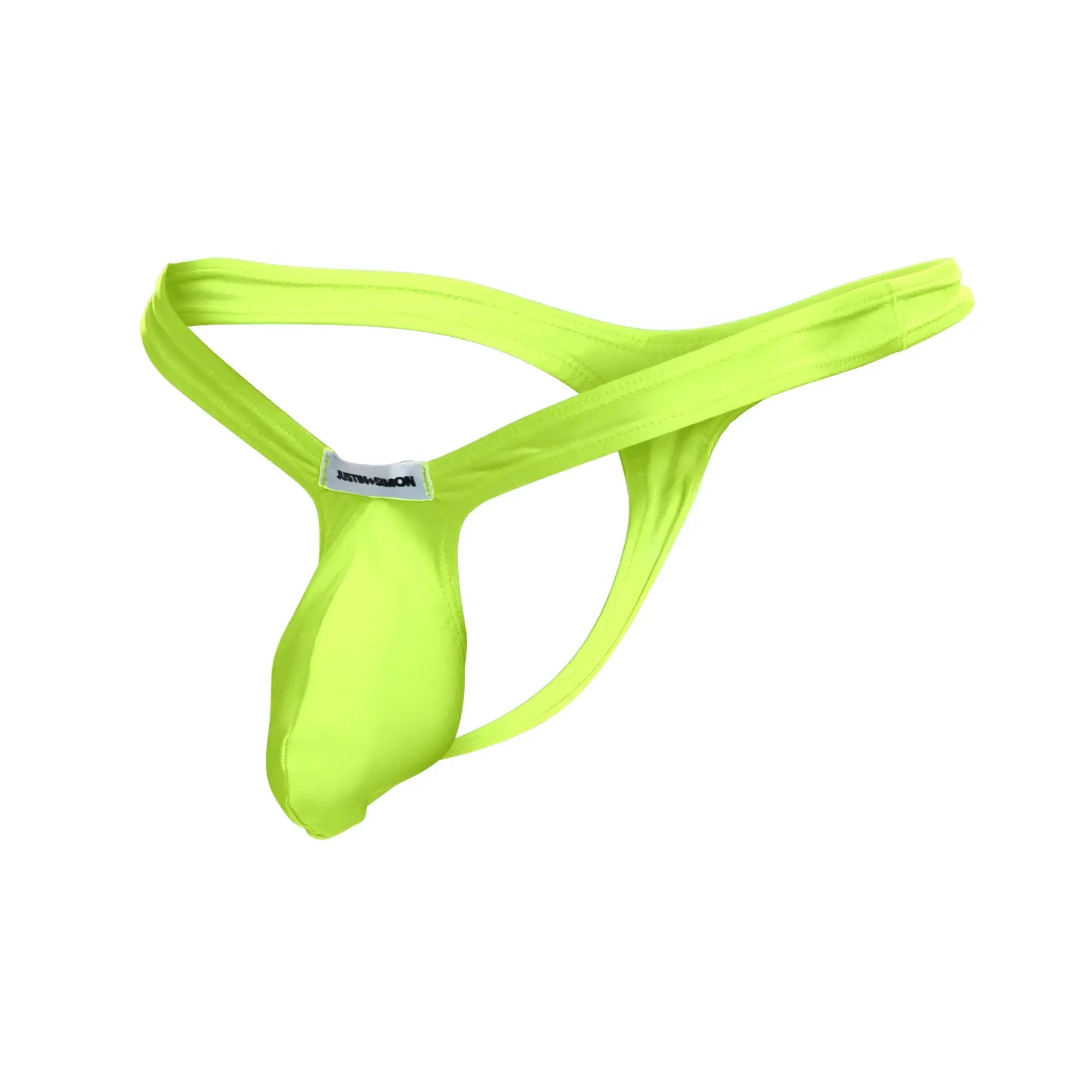 Bright neon green JUSTIN+SIMON XSJBU02 bulge thong made of smooth stretchy fabric with minimalist design and small back tag