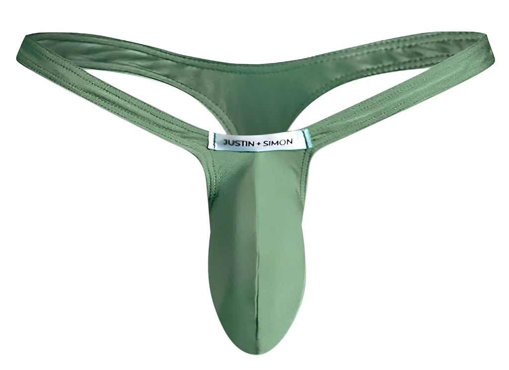Olive green justin simon bulge thong made of smooth fabric for comfortable everyday wear
