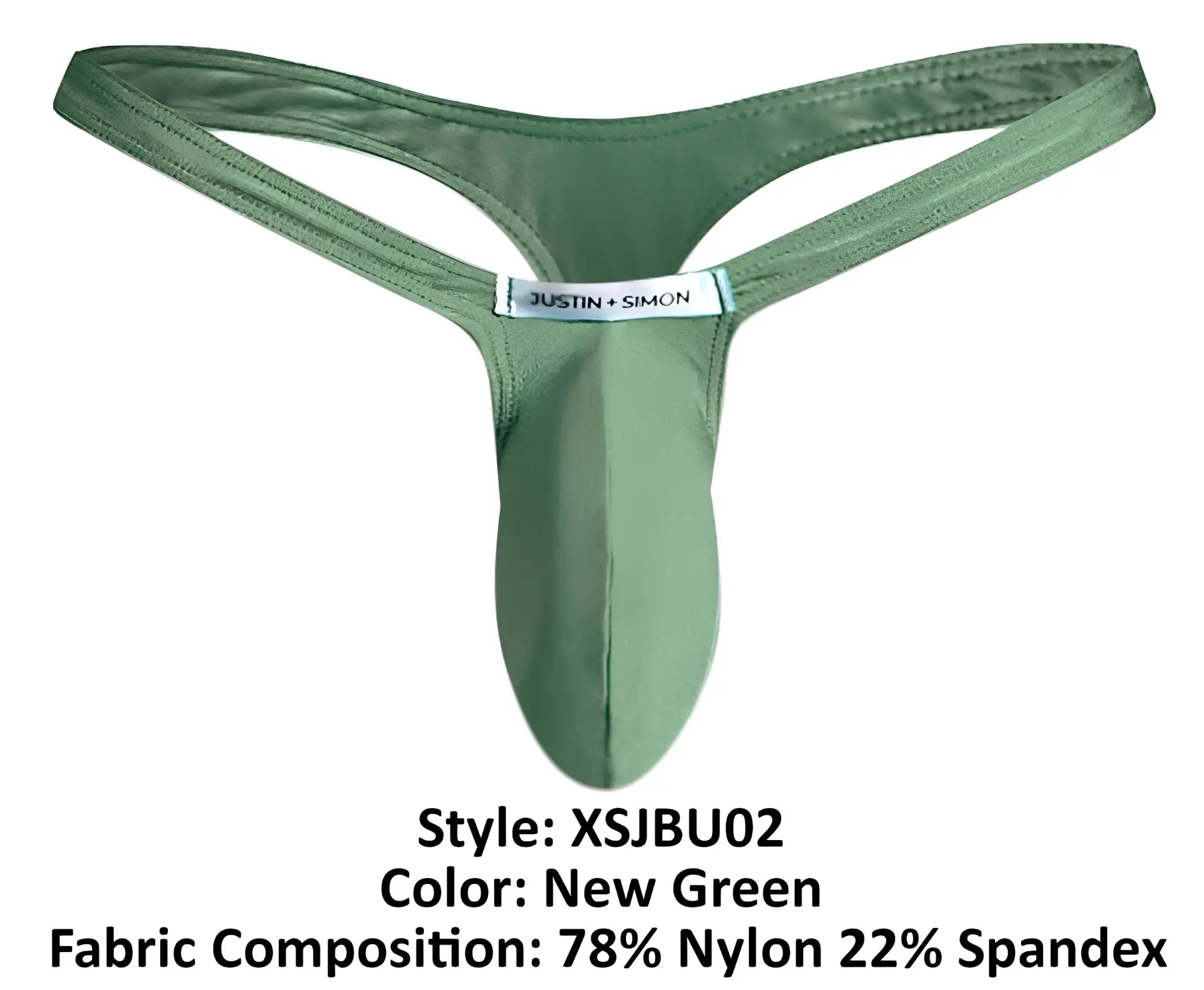 Justin simon xsjbu02 bulge thong in new green made from 78 nylon and 22 spandex showing front side